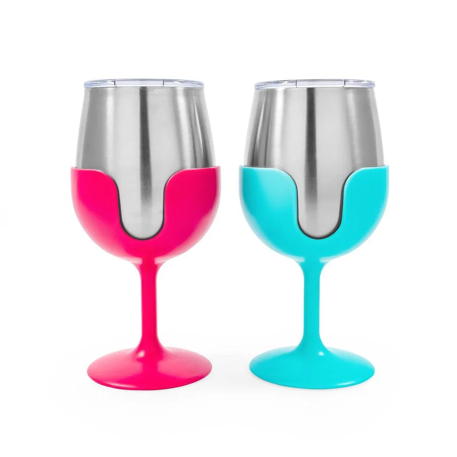 51915 – CAMCO Drinking Glass, Wine Glass 18/ 8 Grade Stainless Steel With BPA Free Lid With 1 Blue And 1 Pink Removab...